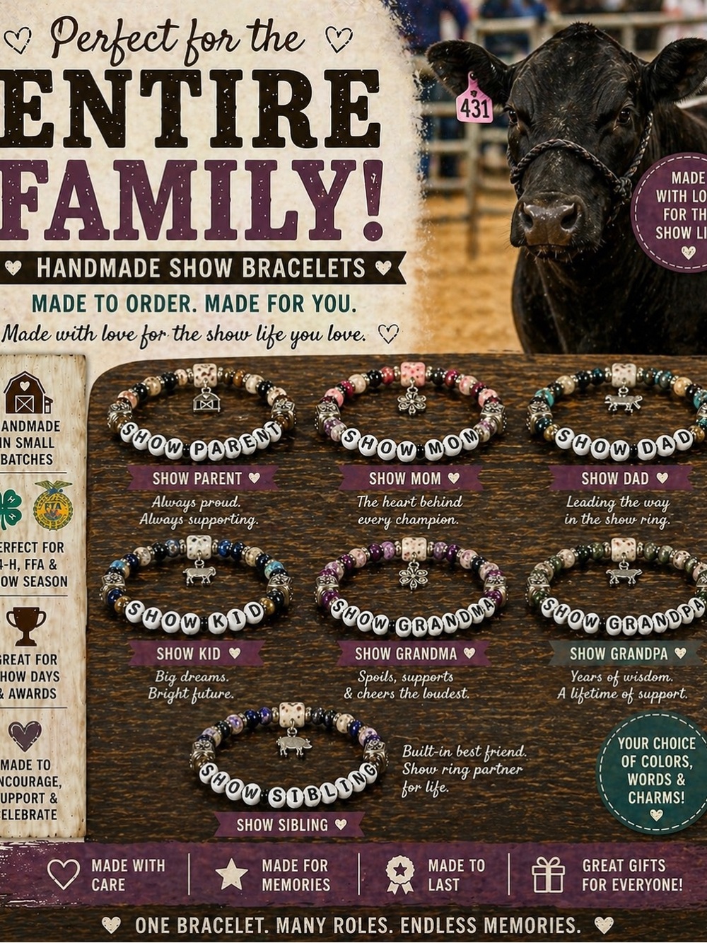 FOUR Personalized Livestock Judging Bracelet Stack for Show Kids & Teams